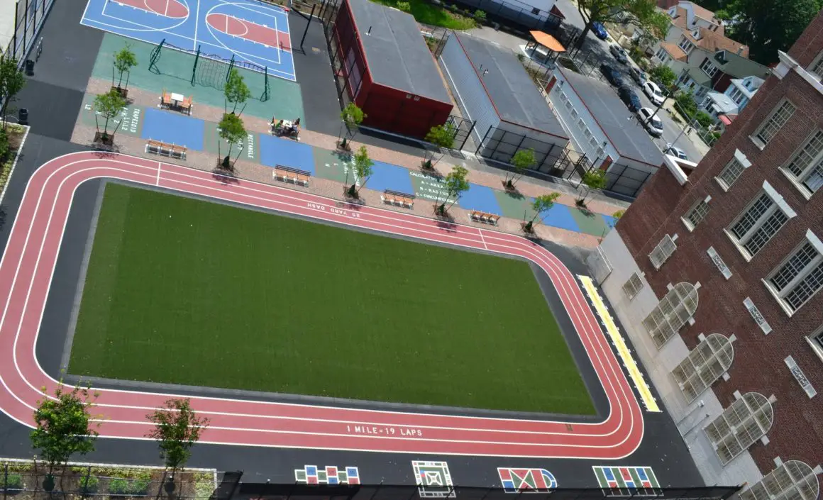 Aerial view of the track and field at 126-10 109th Avenue/105-59 Inwood Street, Jamaica, NY