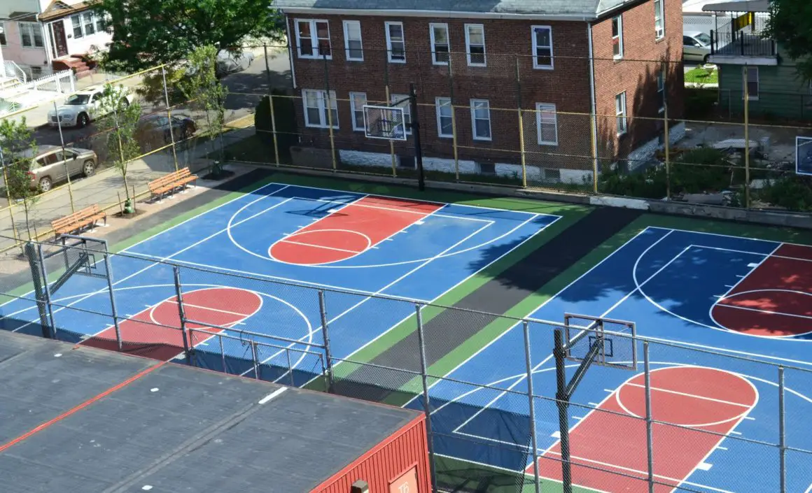 Aerial view of the basketball courts at 126-10 109th Avenue/105-59 Inwood Street, Jamaica, NY